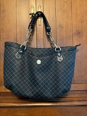 Rioni Black Monogram Tote with Gold Chain Handles